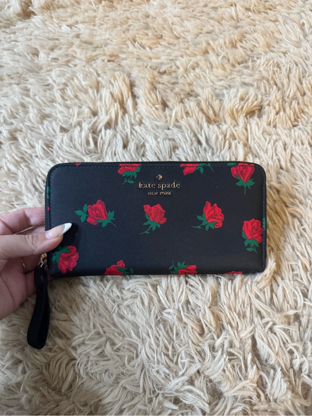 kate spade black wallet with red rose print